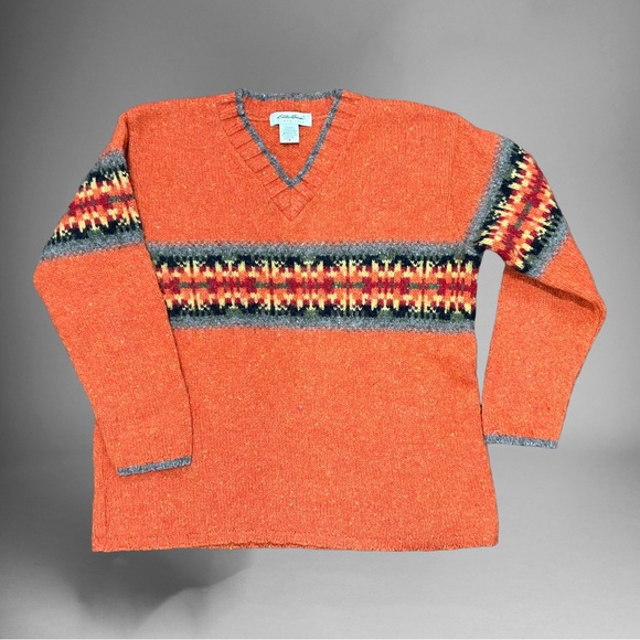 Vintage Eddie Bauer 90s Grunge Nirvana Fair Isle Burnt Orange Wool Petite Small - Picture 2 of 9
